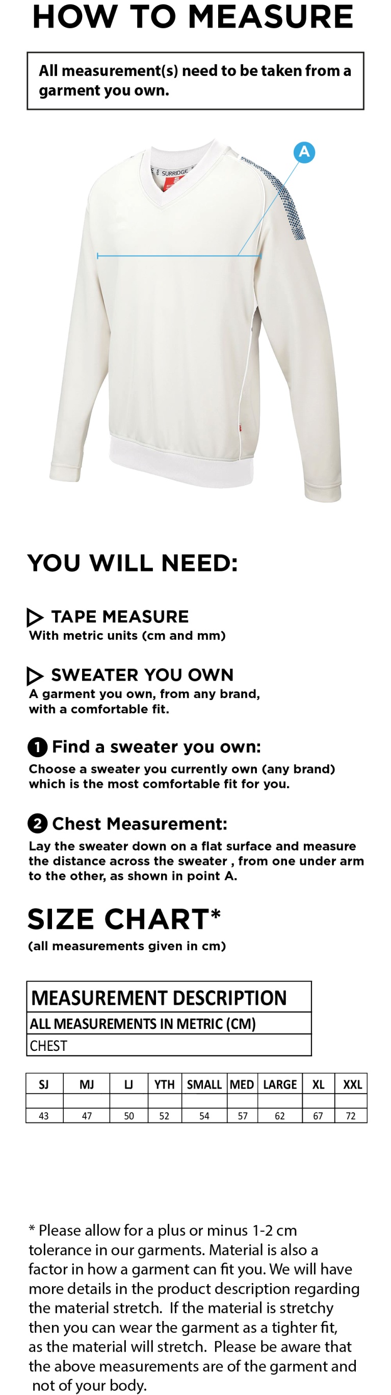 Eynsford CC - Dual Long Sleeve Sweater - Size Guide