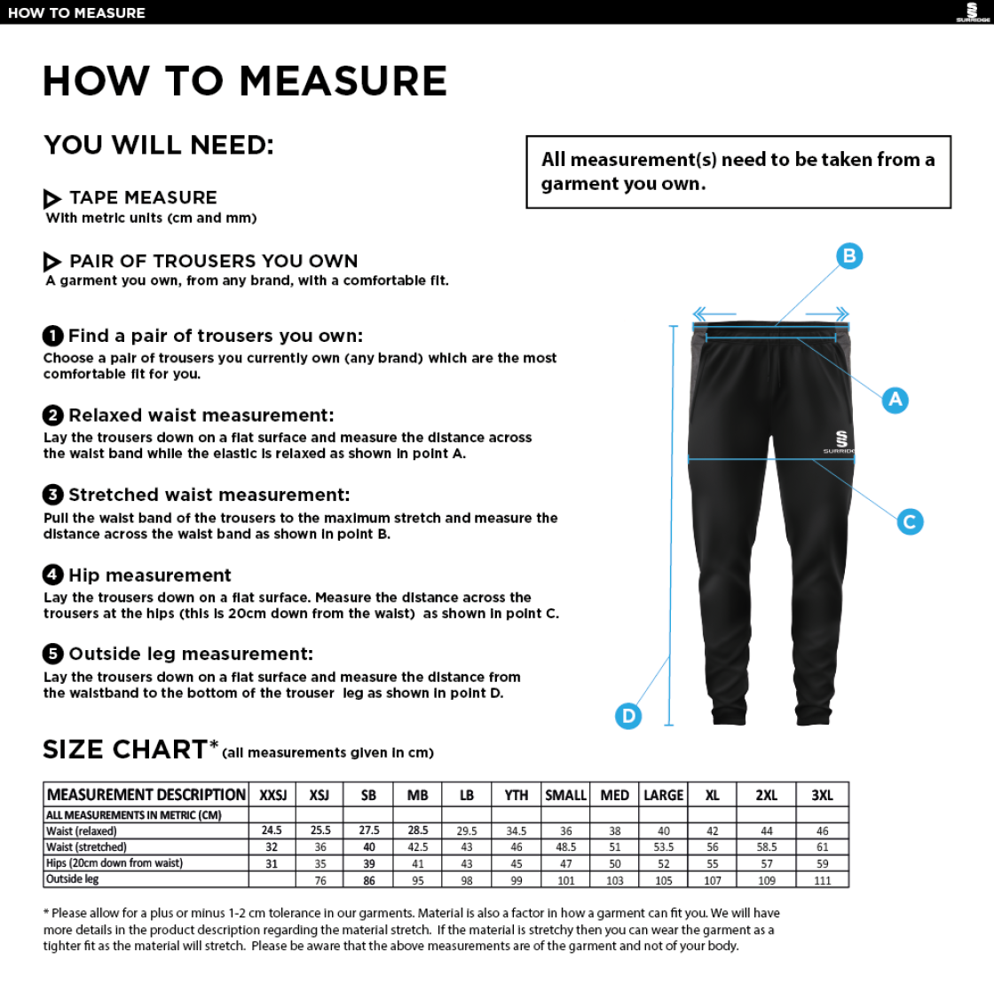 Eynsford CC - Tek Slim Training Pants - Size Guide