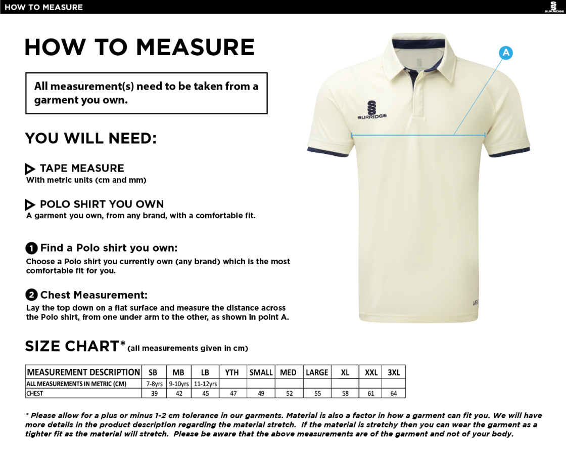 Eynsford CC - Ergo Cricket Shirt - Short Sleeve - Size Guide