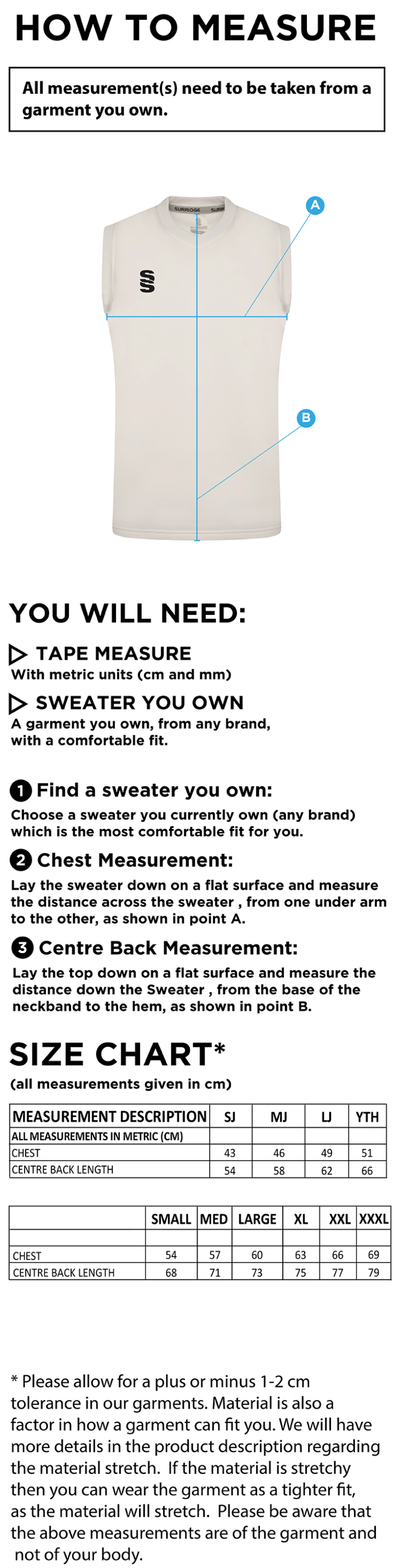 Eynsford CC - Blast Sleeveless Sweater - Size Guide