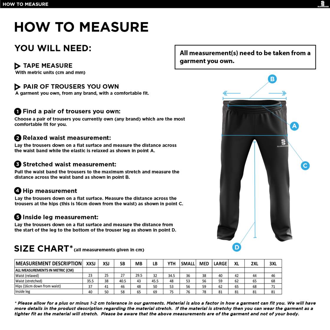 Eynsford CC - Poplin Track Pant - Size Guide