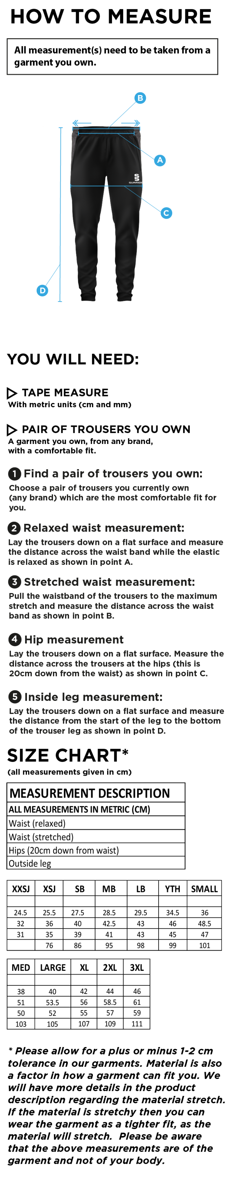 Eynsford CC - Tek Slim Training Pants - Size Guide