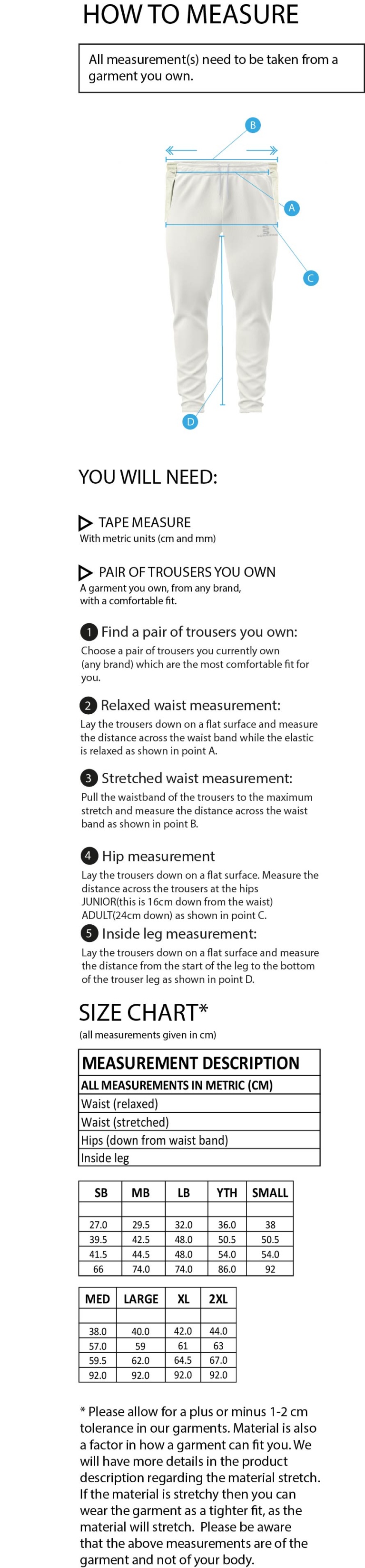 Eynsford CC - Ergo Playing Pant - Size Guide