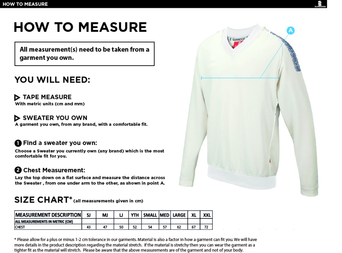 Eynsford CC - Dual Long Sleeve Sweater - Size Guide