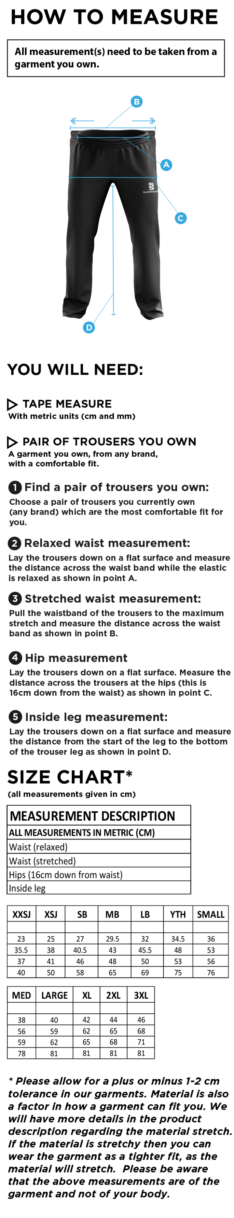 Eynsford CC - Poplin Track Pant - Size Guide