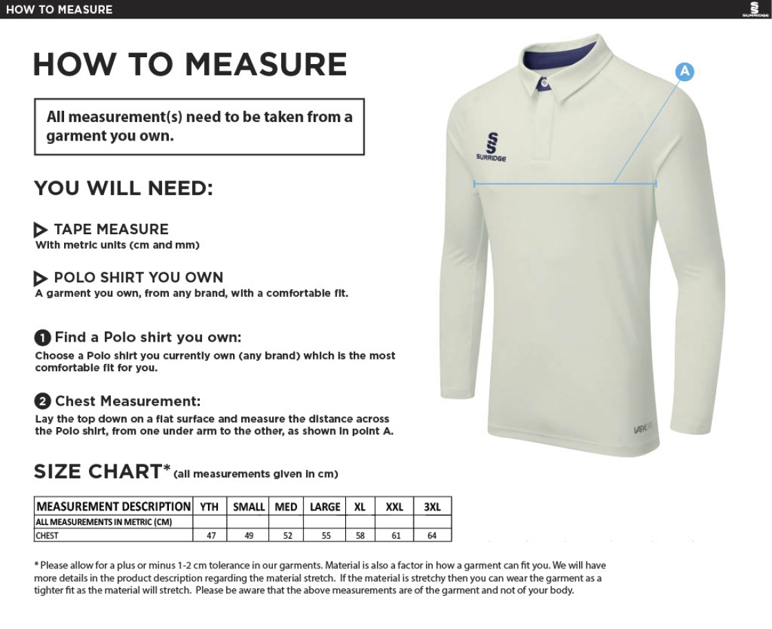 Eynsford CC - Ergo Long Sleeve Cricket Shirt - Size Guide